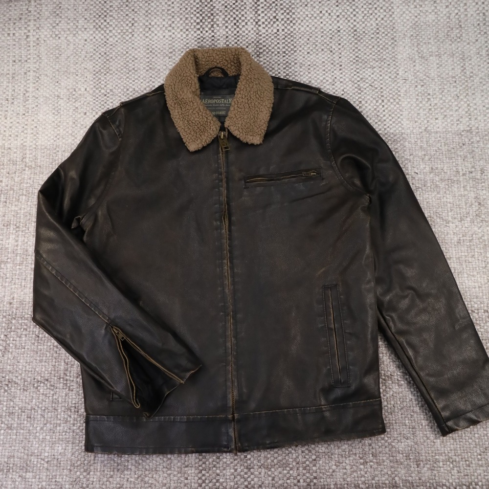 Aeropostale Mens Faux Leather Sherpa Collar Bomber Jacket Brown Distressed M